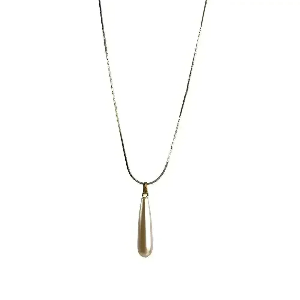 18k GT Chain 17" Necklace Faux Pearl Pink Design Teardrop Pendant‎